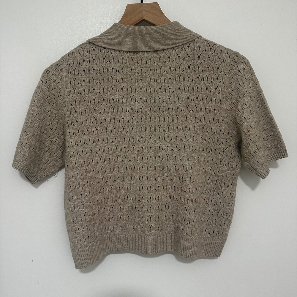 Universal Thread | Oatmeal Pointelle Knit Polo Short Sleeve Sweater Top, XS - Picture 2 of 5
